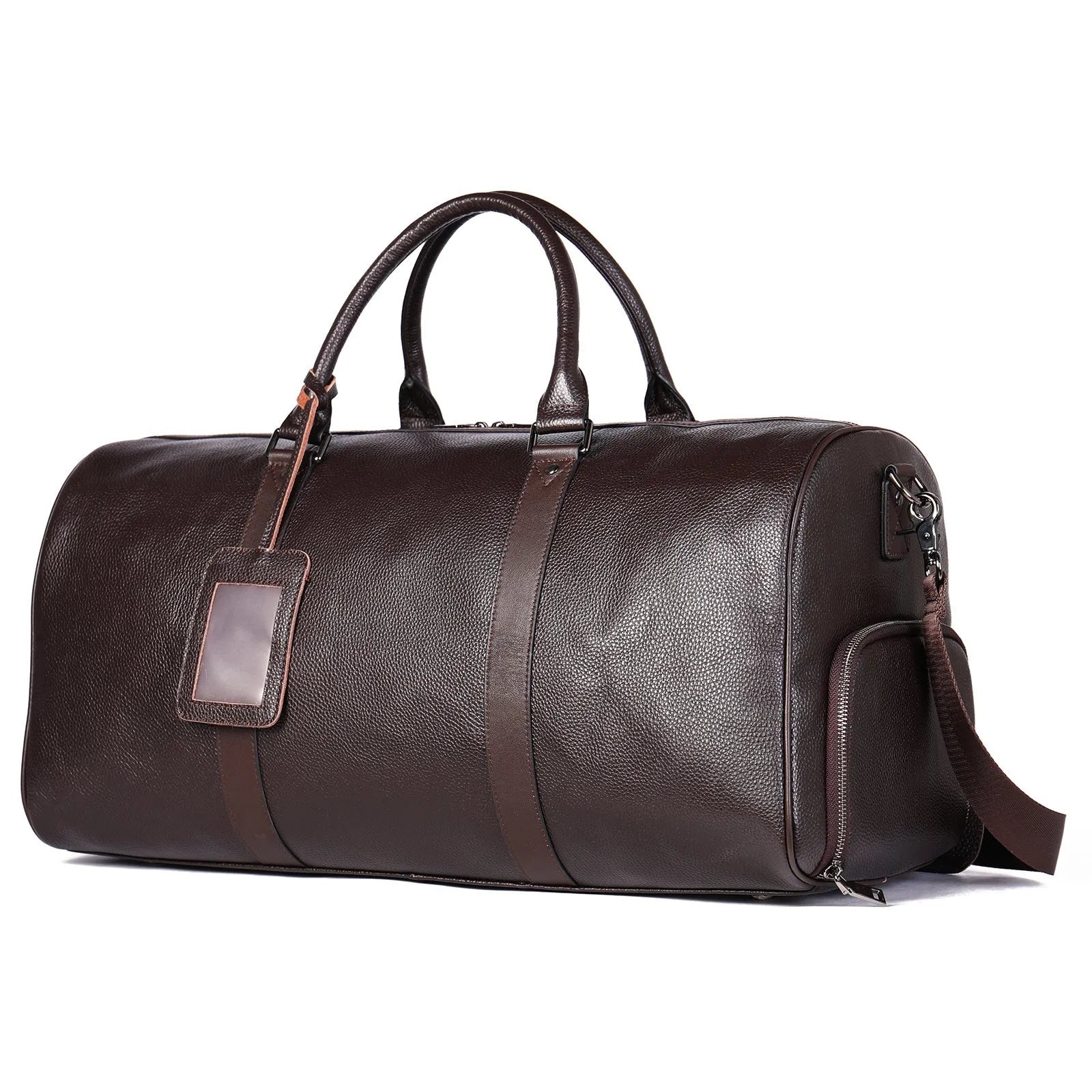 Men's black leather excursion bag with single strap, large capacity below 20L
