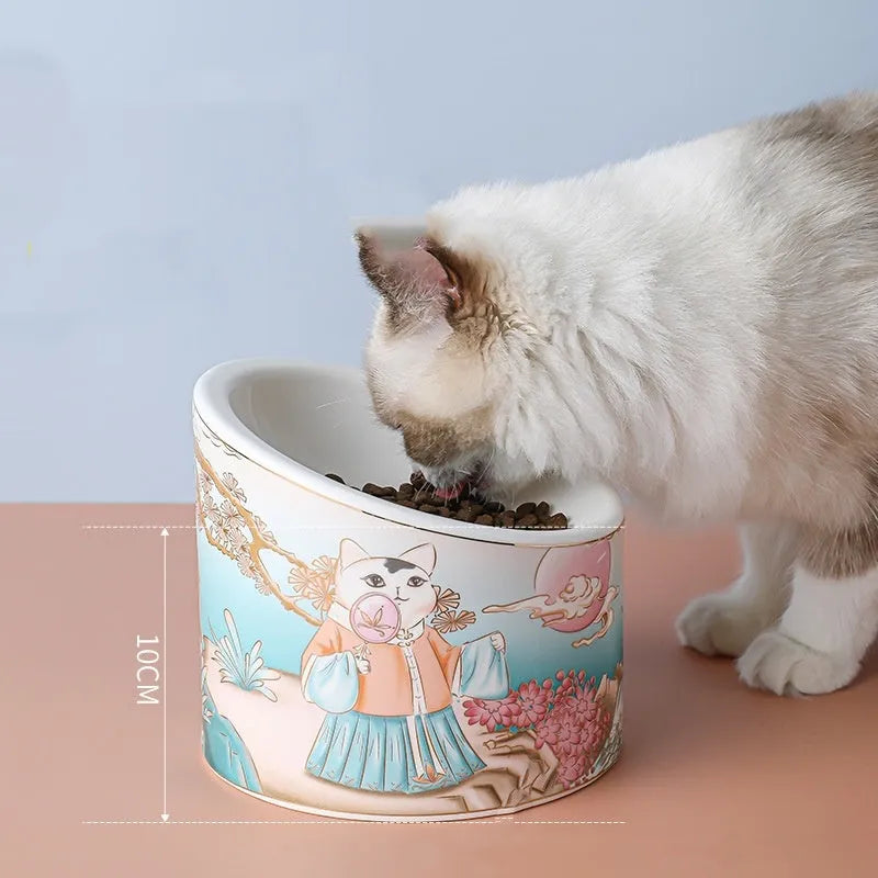 Ceramic high-leg cat bowl with double compartments and slanted mouth Chinese design