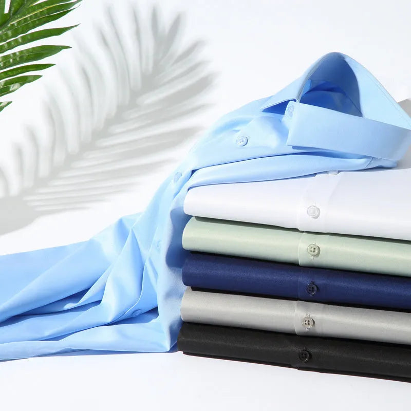 Men's elastic silk long-sleeved non-ironing shirt in loose fit with solid colour