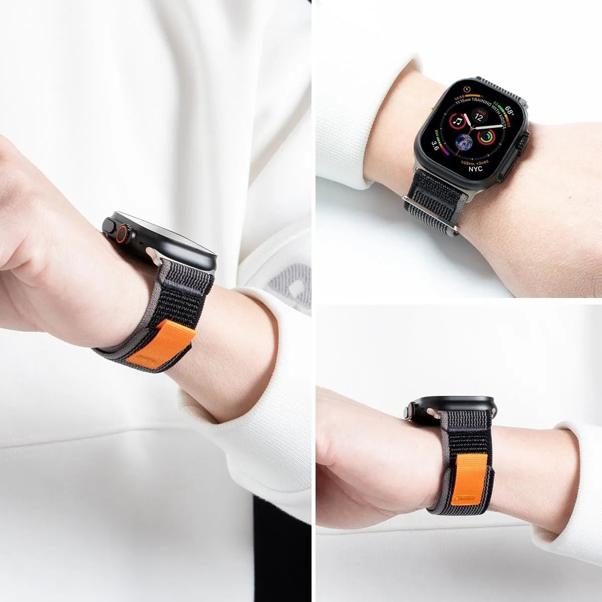 Nylon trail loop watch strap for Apple Watch in black and gray with two-section modified design