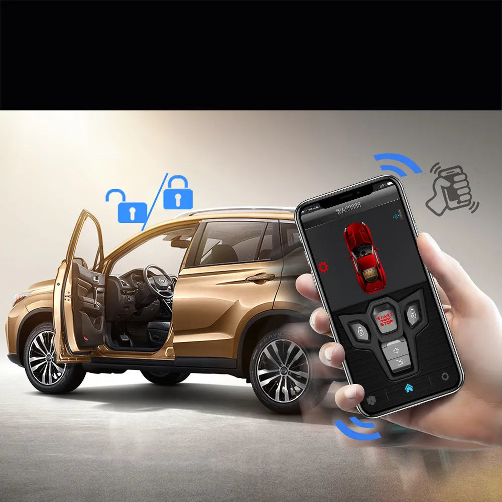 Red and frosted black one-way car alarm unit with two remote controls for 3000m vehicle security.