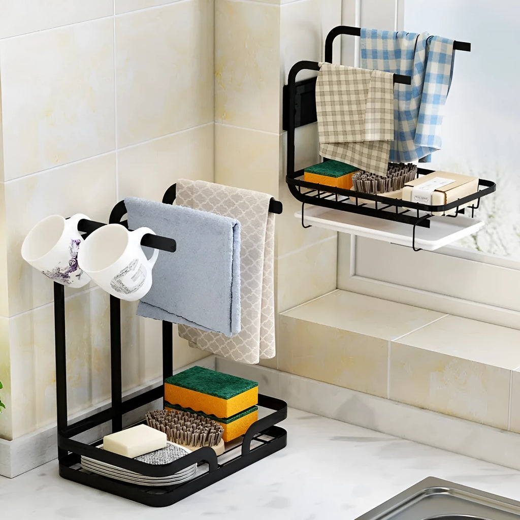 Foldable white plastic kitchen draining rack in a Chinese style, shown both mounted on a wall and standing on a countertop.