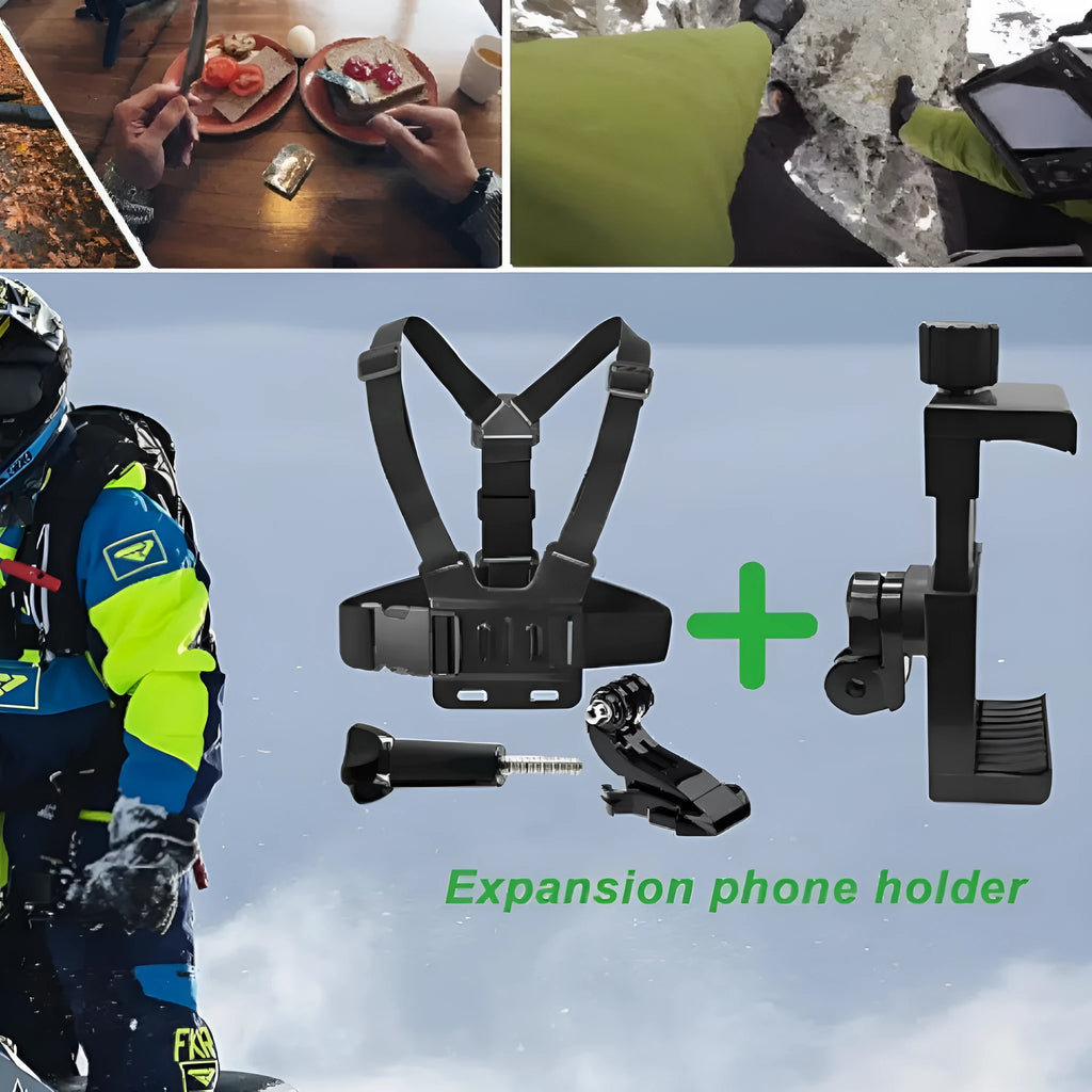 9-in-1 black chest strap and headband suit for sports cameras and smartphones on a plain background