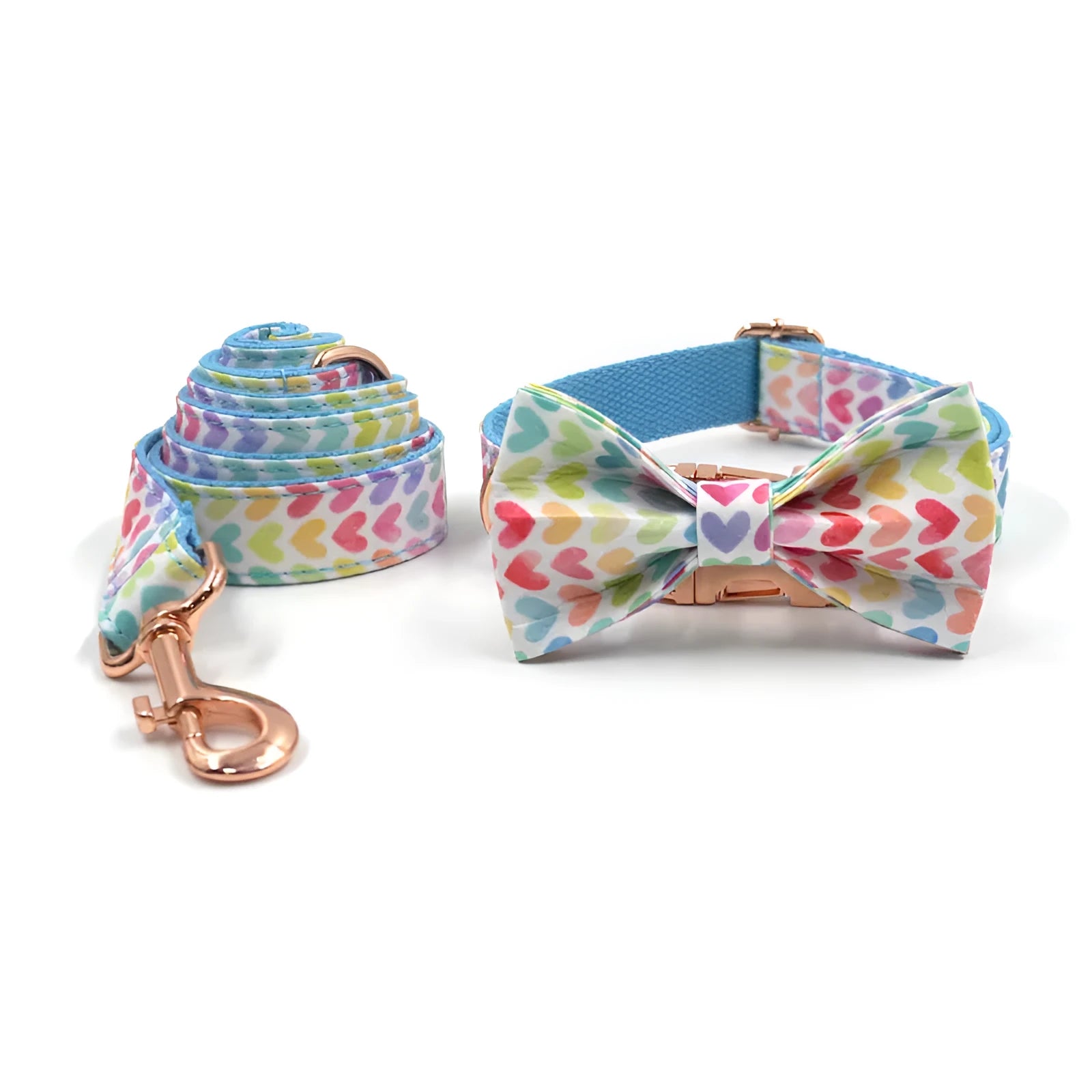 Rose gold cloth adjustable dog collar and lead rope set on a dog