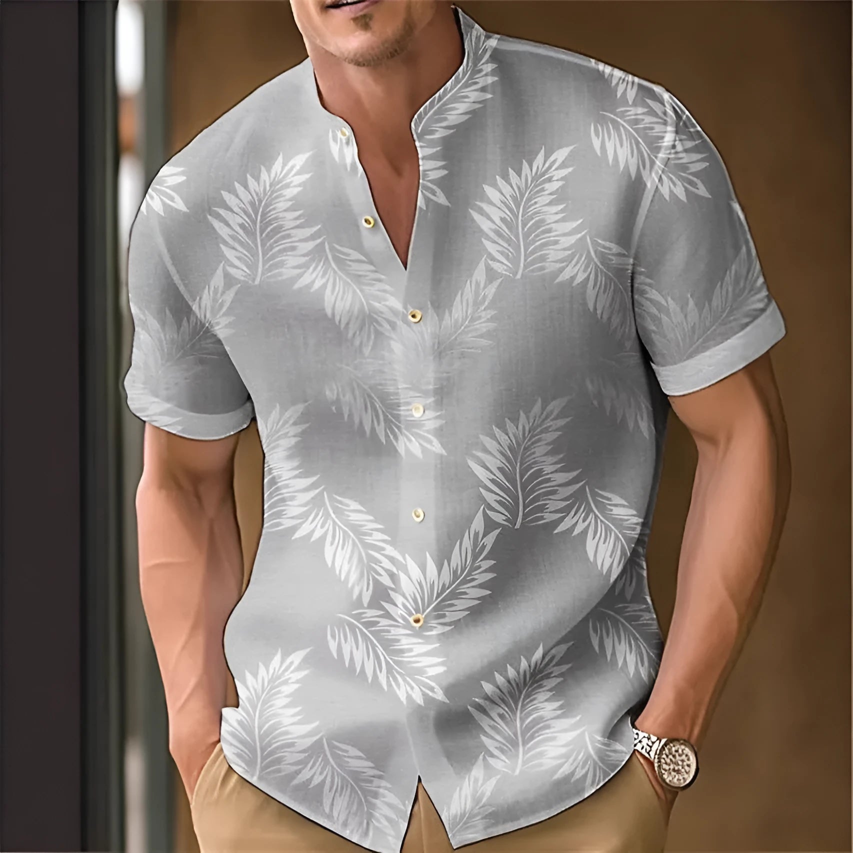 Men's casual printed polyester shirt shown in one of eight available colours.