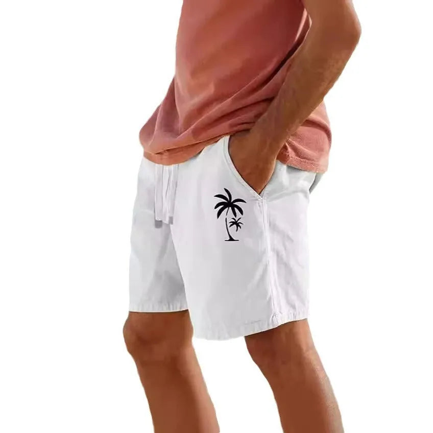 Men's straight-leg cotton blend shorts with elastic drawstring waist and printed plant pattern.