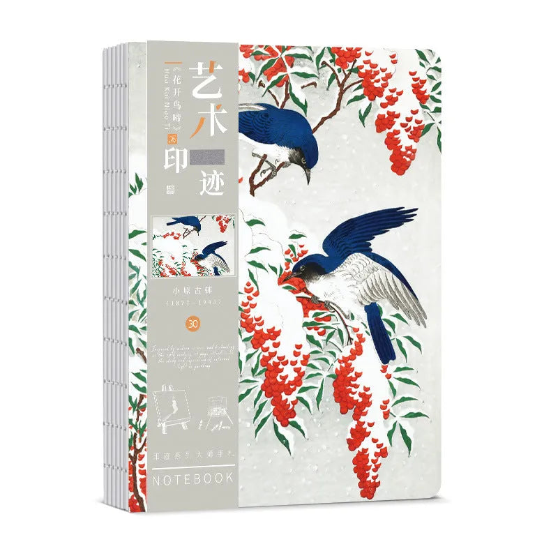 Ukiyo-e Kanagawa wave art cover hand ledger notebook open on a table.