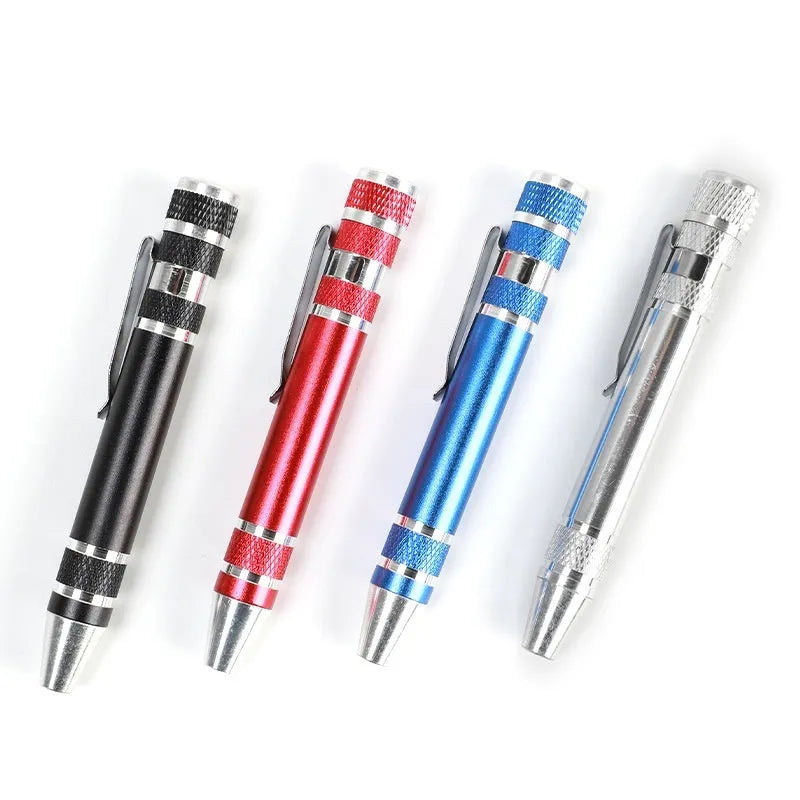 8-in-1 aluminium alloy pen-type screwdriver set with multiple coloured handles and nickel-plated cutter heads