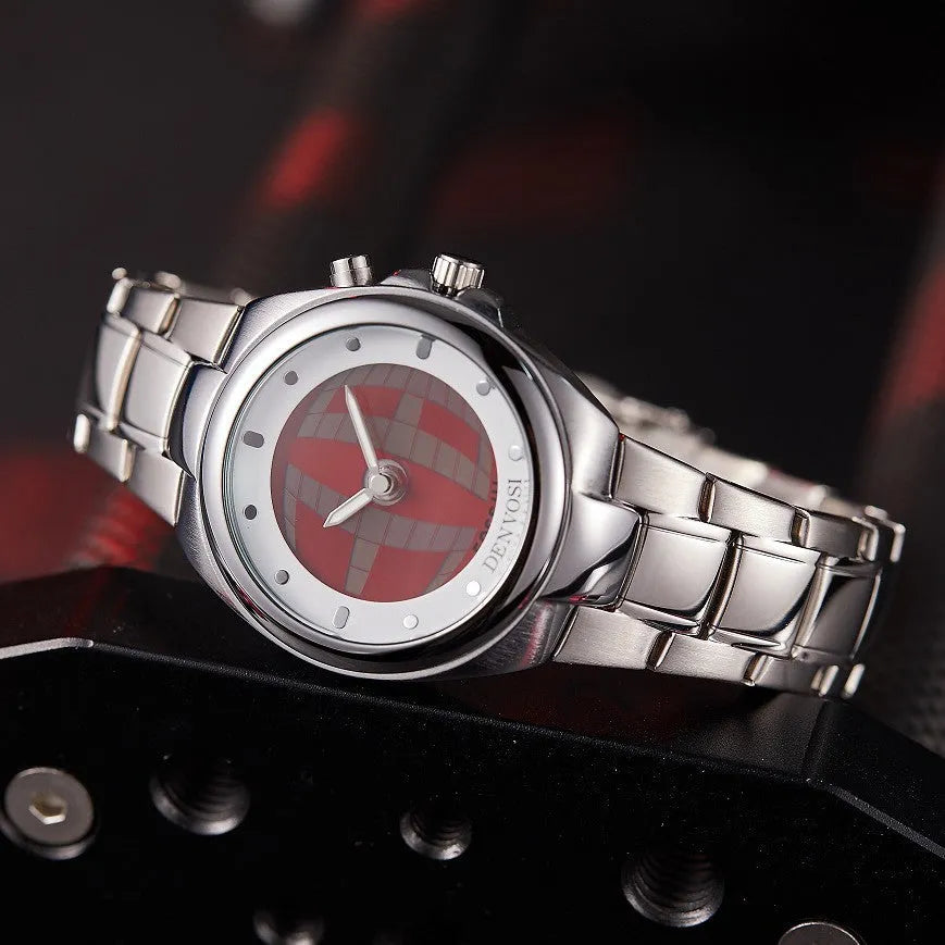 Men's Y2K digital watch with dual LCD displays showing blue flame dial on an alloy strap with stainless steel buckle.