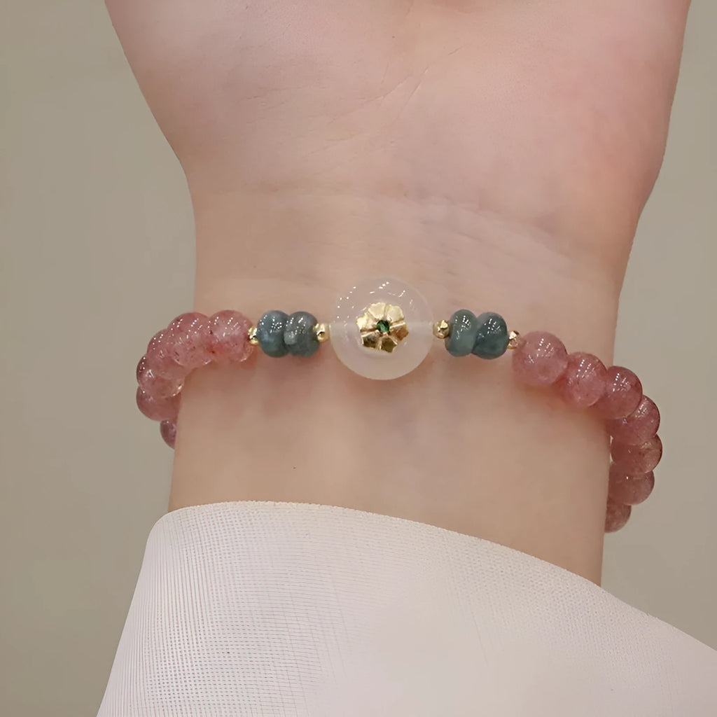 Strawberry quartz blue water emerald round jade pendant bracelet with Chinese design elements