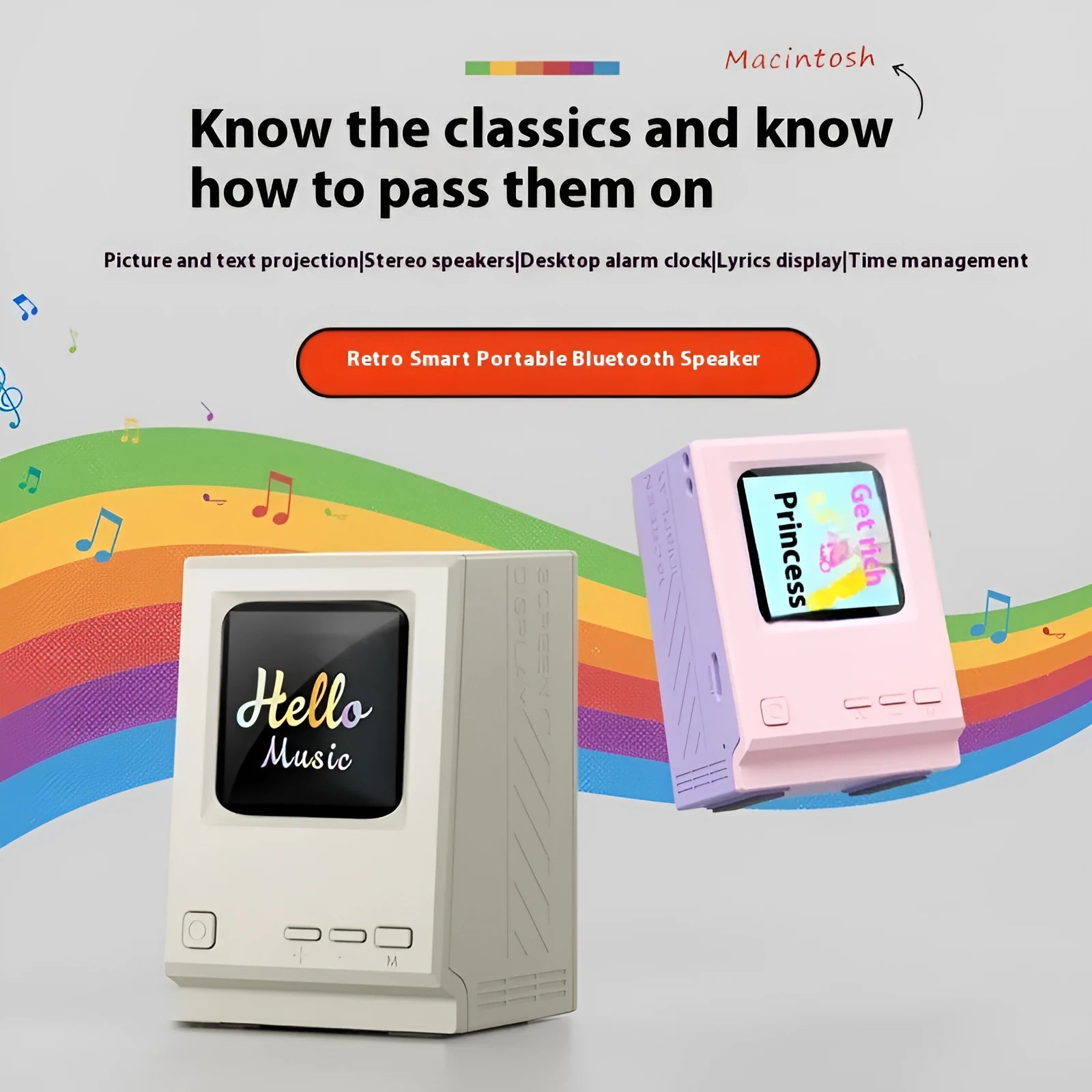 Retro small computer lyrics speaker table clock wireless Bluetooth speaker in pink purple colour on a desk