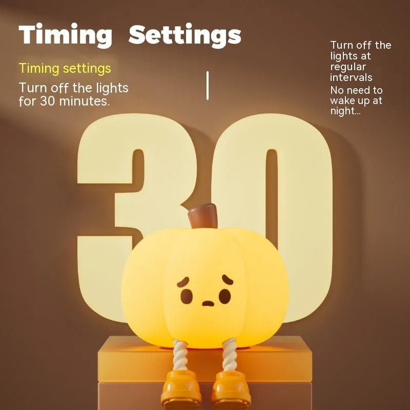 Soft silicone pumpkin-shaped night light with dimmable touch control on bedside table