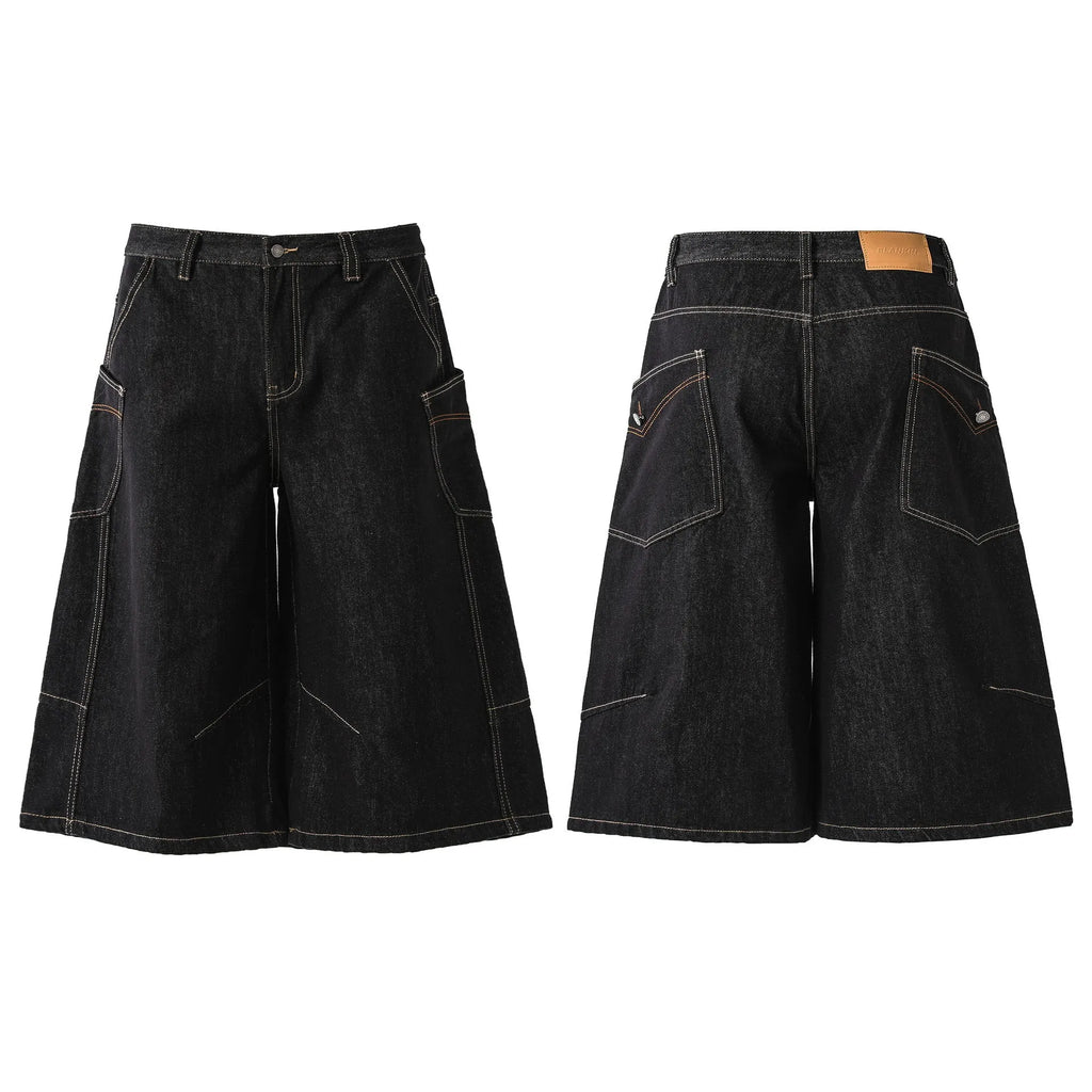 Black retro washed denim cropped pants for men with side pockets and straight leg