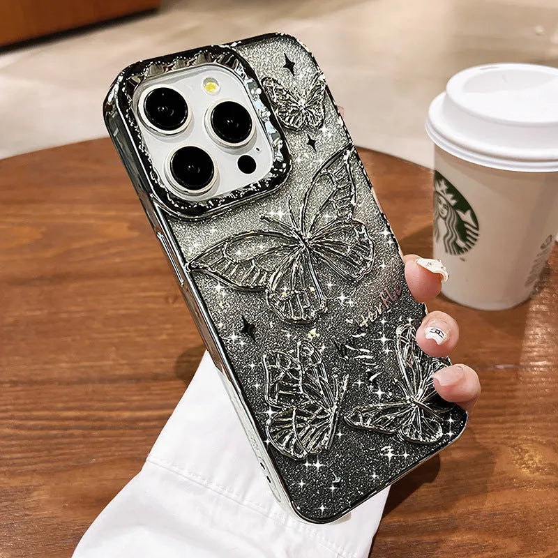 Butterfly glitter gradient silicone phone case for Apple iPhone with anti-fall protection and heat dissipation
