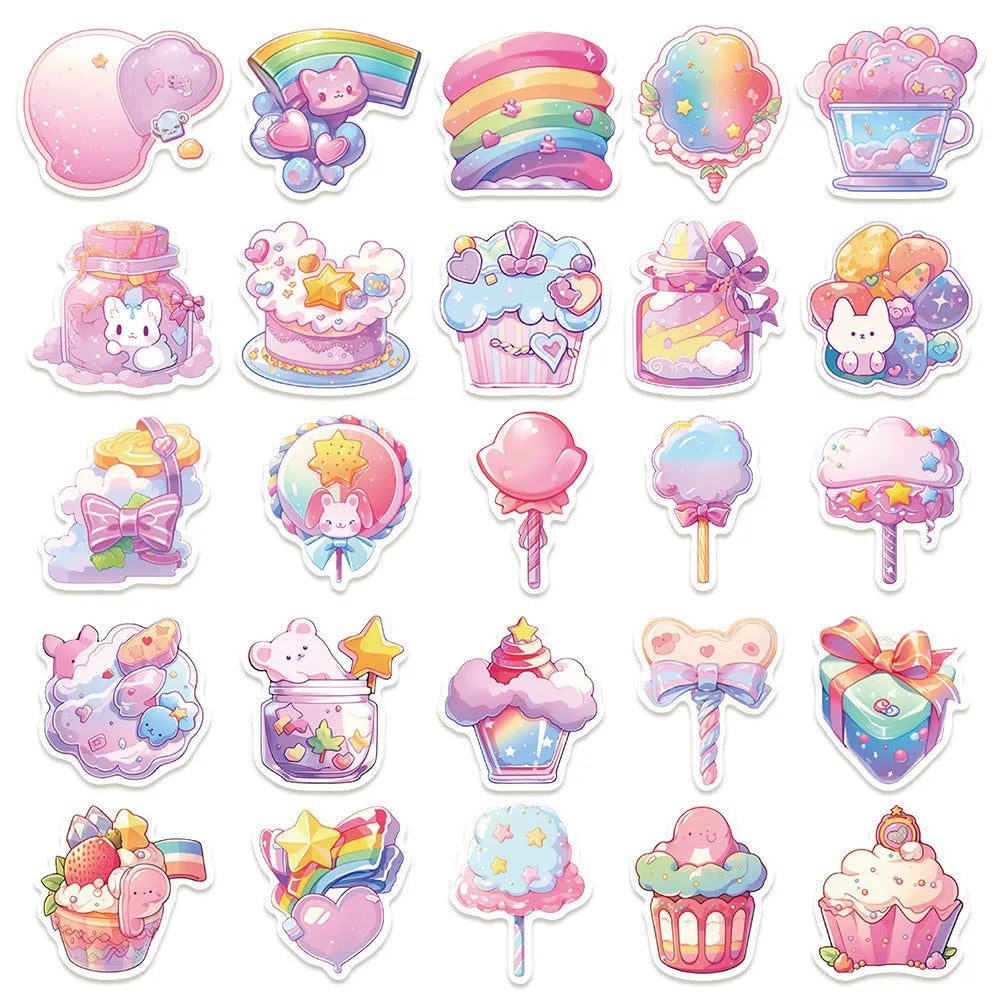 Pack of 50 cute candy and small object design waterproof stickers for journal decoration.
