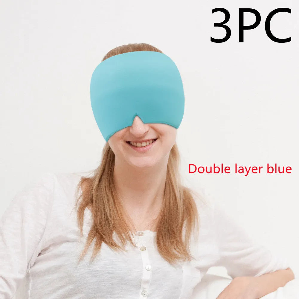 Black cooling gel eye mask for headache relief on a white background.