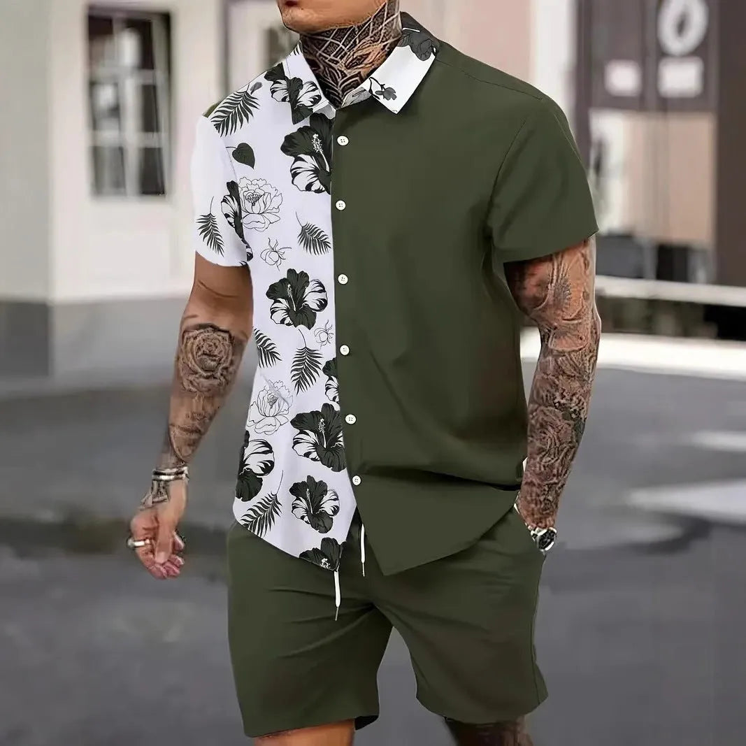 Man wearing a 3D printed Hawaiian short sleeve shirt with matching casual shorts.