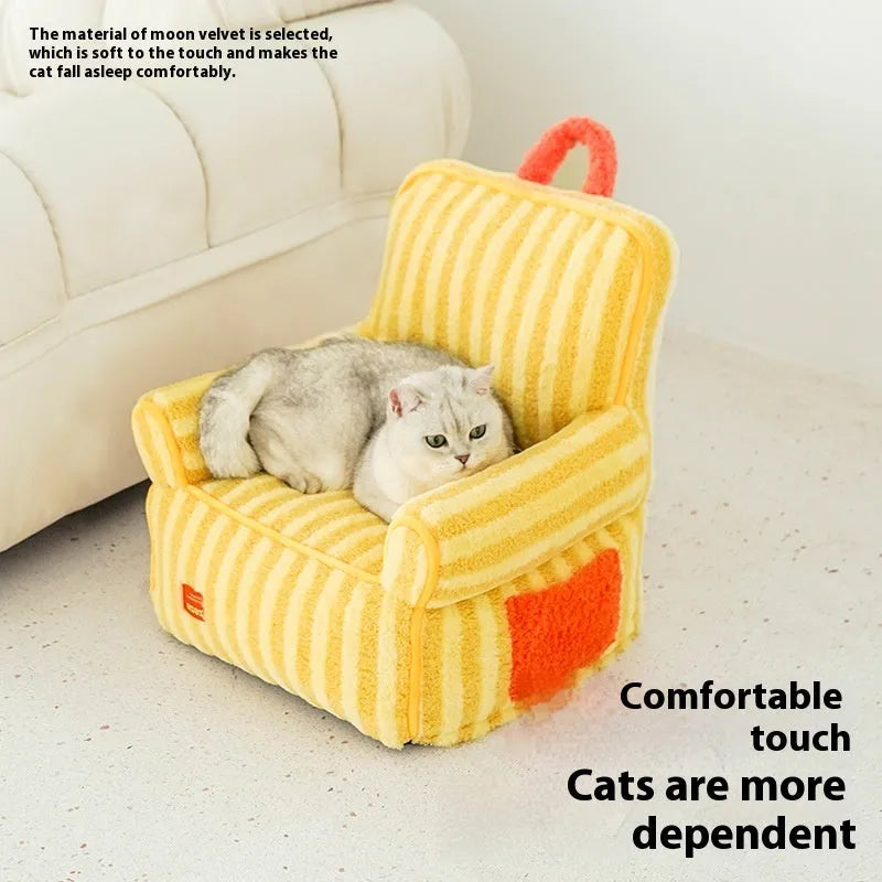 Striped orange soft velvet pet bed with a removable washable cover for dogs.