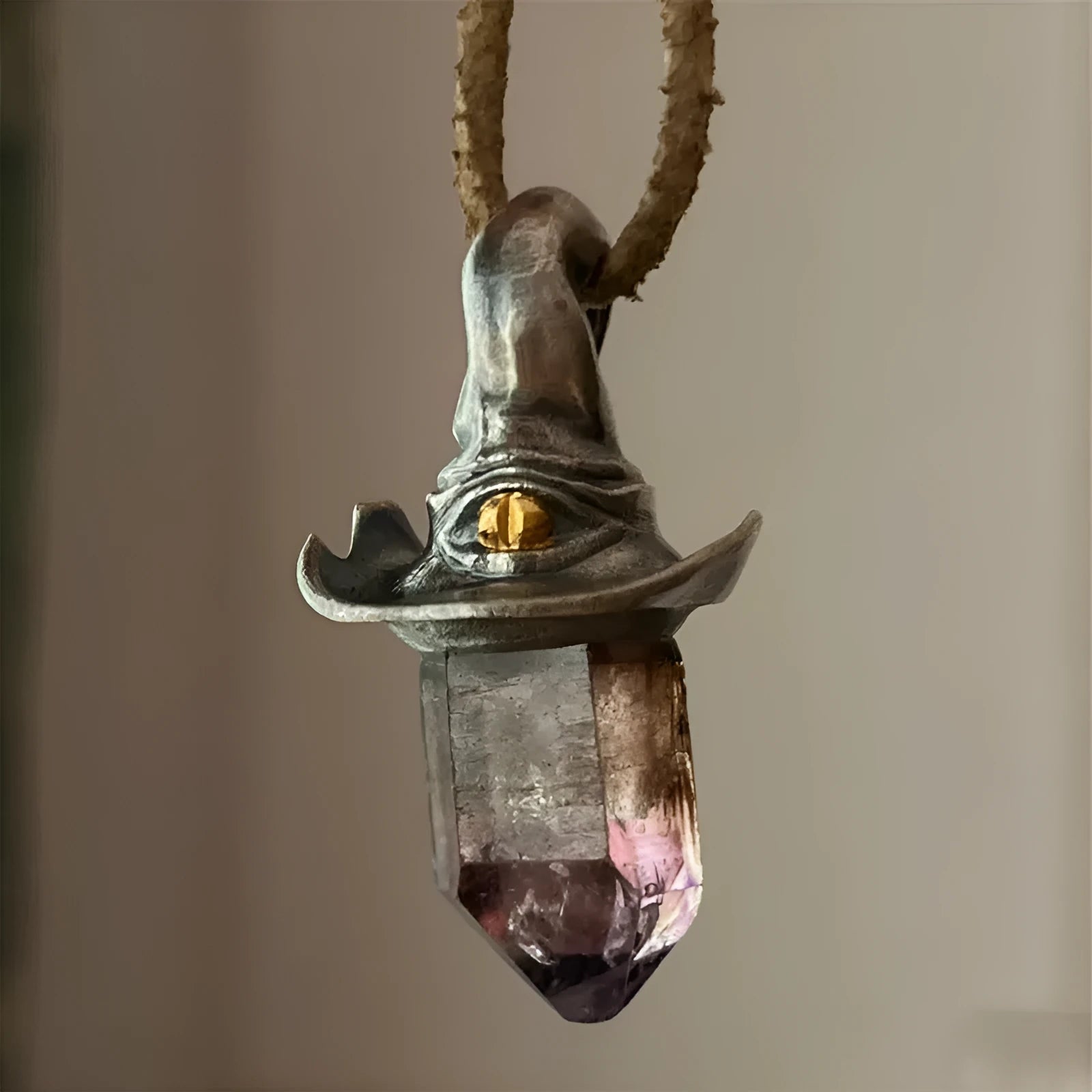 Retro natural amethyst hexagonal witch hat pendant necklace on cowhide rope, crystal centrepiece