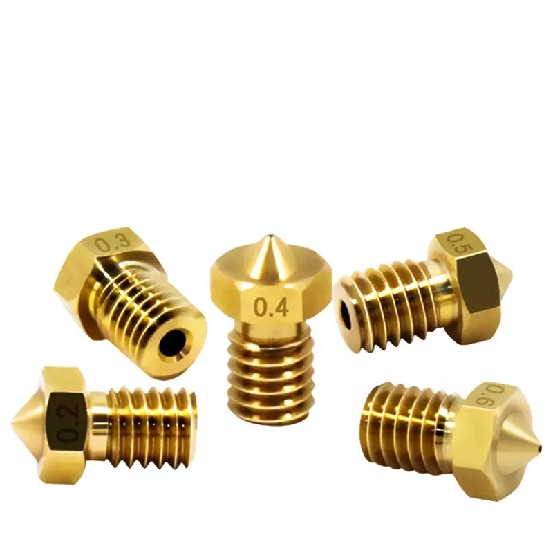 Brass 3D printer nozzle with M6 thread, showing multiple aperture size options.