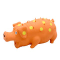 Blue latex squeaky pig dog chew toy with textured surface for teeth cleaning, shown next to tape measure showing 20cm length