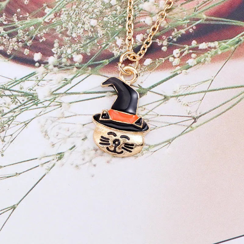 Halloween oil drop pumpkin cat necklace pendant alloy chain 45+5cm clavicle style