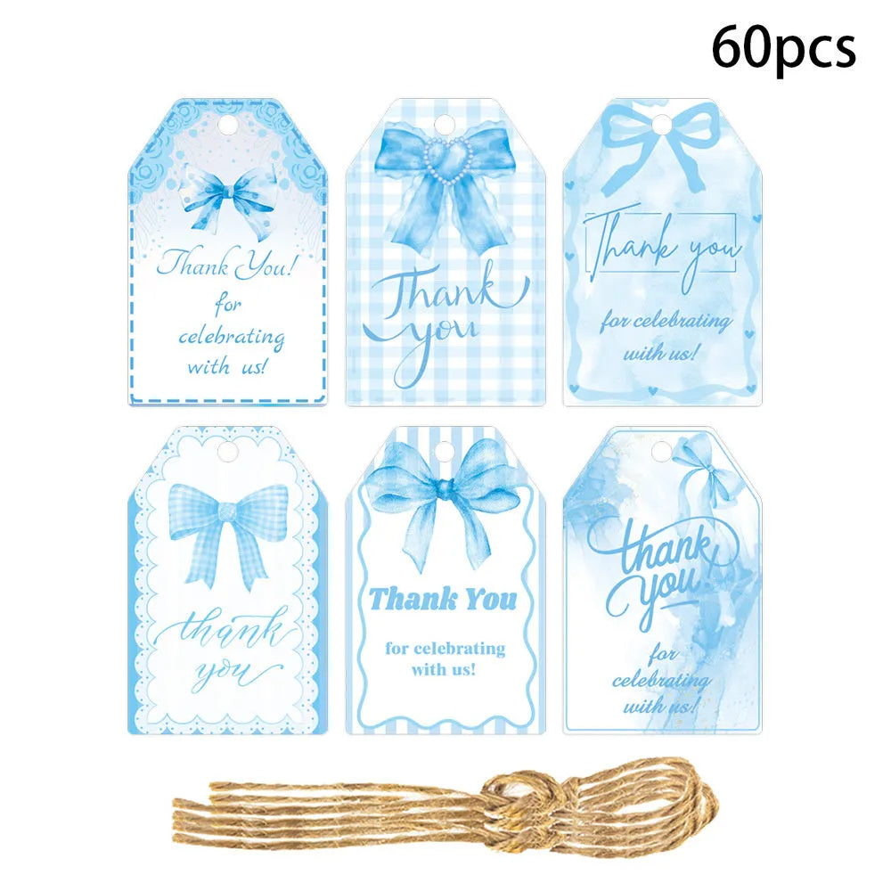 Sixty paper bowknot gift tags with natural hemp rope in three different designs for birthday parties.