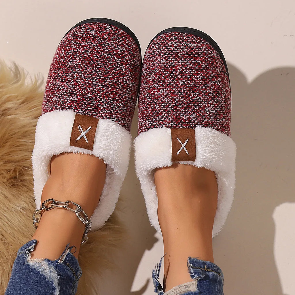 Winter plush thick bottom anti-slip house slippers in burgundy, black, and light gray for men and women
