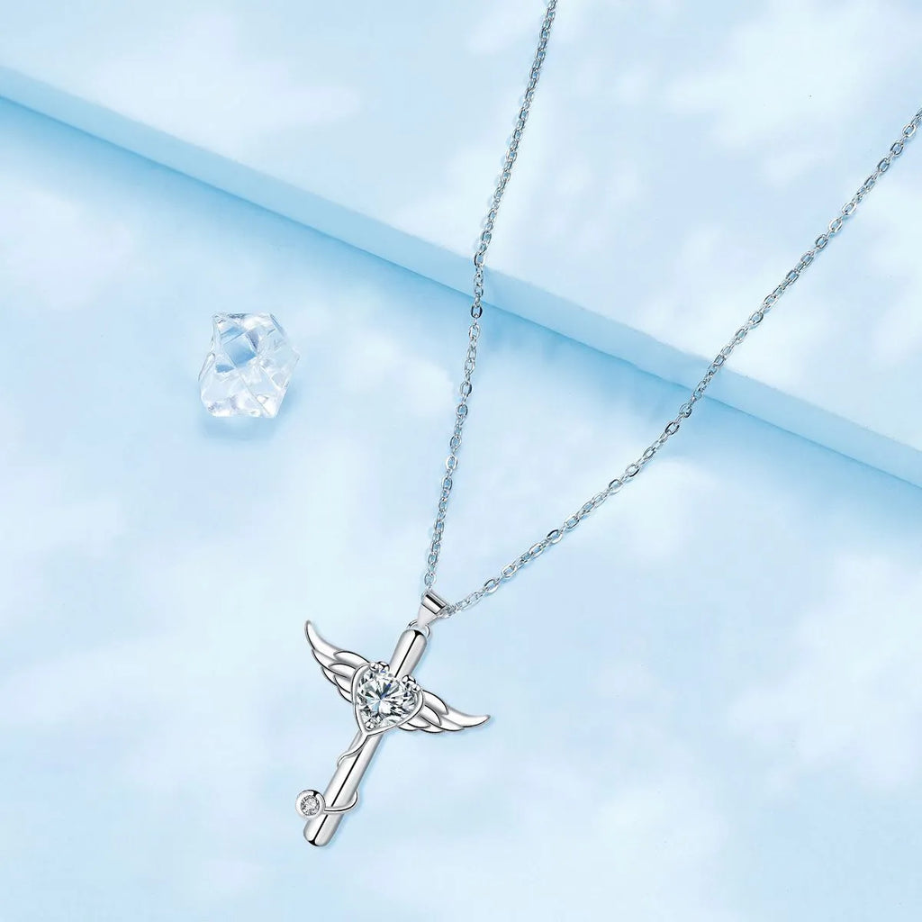 Cross stethoscope necklace with wings pendant in electroplated copper with White Diamond or Red Diamond finish