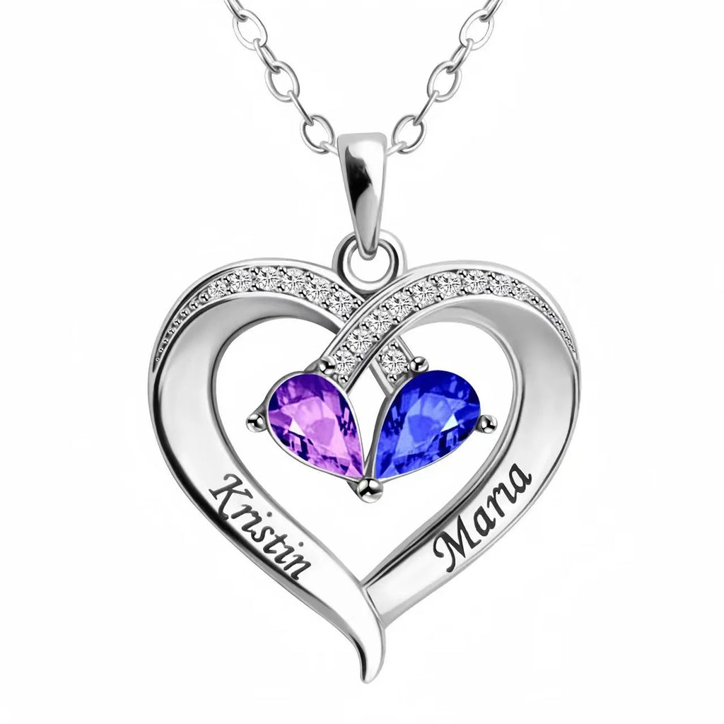 Two-colour water drop heart pendant necklace with birthstones and diamond accents on copper chain