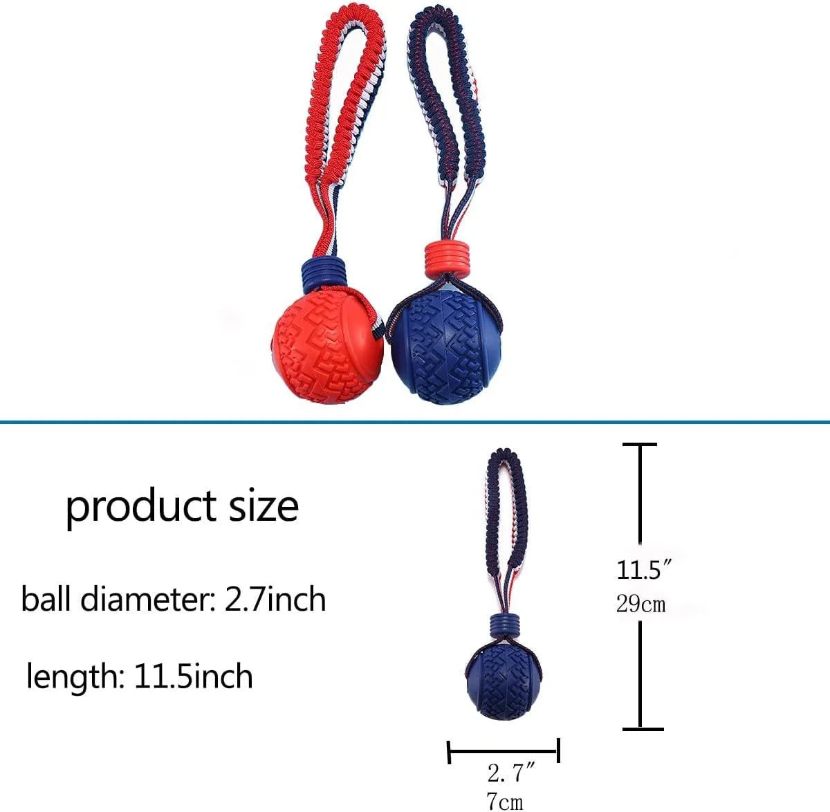 Blue rubber dog ball attached to a rope, a tug and fetch toy for small dogs.