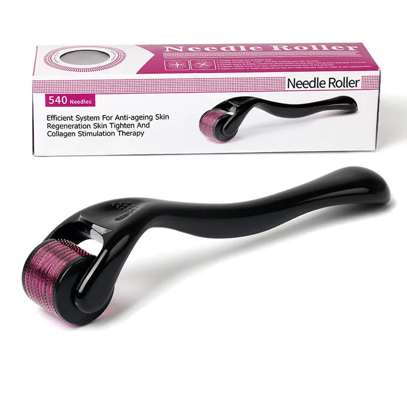 Black and purple derma rollers with 540 titanium microneedles, shown with size options from 0.2mm to 1.0mm.