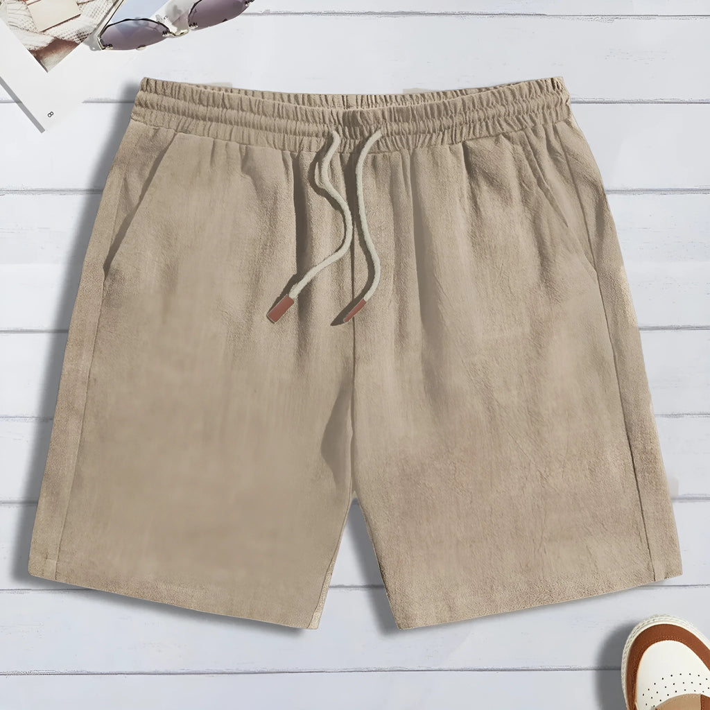 Men's thin linen loose casual shorts in khaki, front view