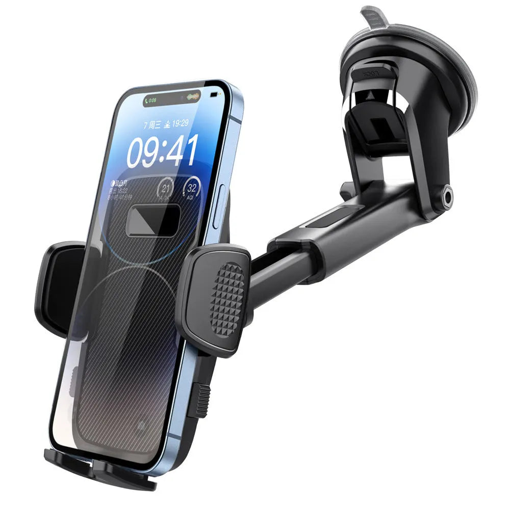 Black plastic universal car mobile phone bracket with suction mount on windscreen