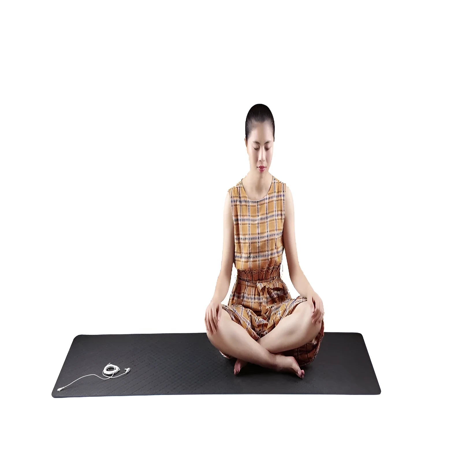 Blue conductive yoga mat with plant pattern and grounding wire, showing non-slip texture and 182cm length.