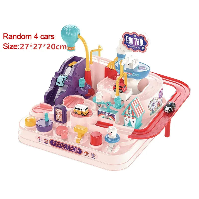 Big adventure parking lot rail car track toy set with plastic cars and handle control