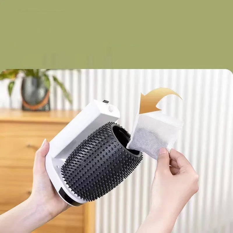 White automatic cat self-groomer mounted on wall corner with USB cable connection