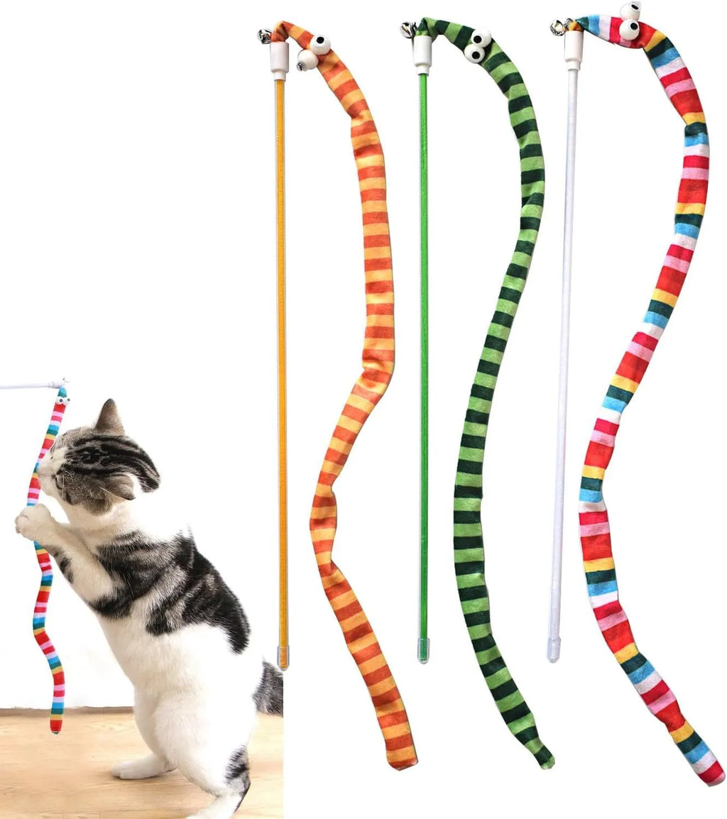 Cat wand teaser toy with polycarbonate handle and long plush strip in multiple colour options