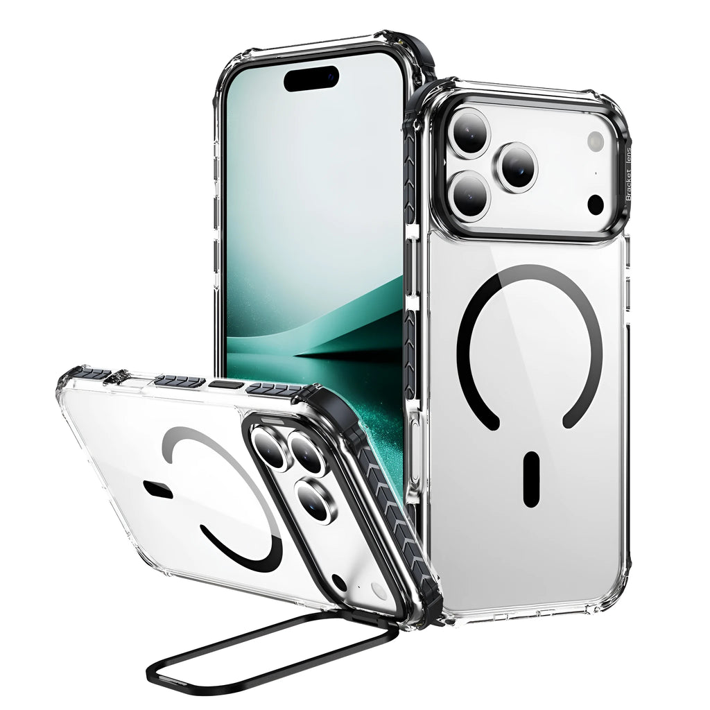 Transparent magnetic iPhone 16 Pro case with airbag cushioning in six colour options