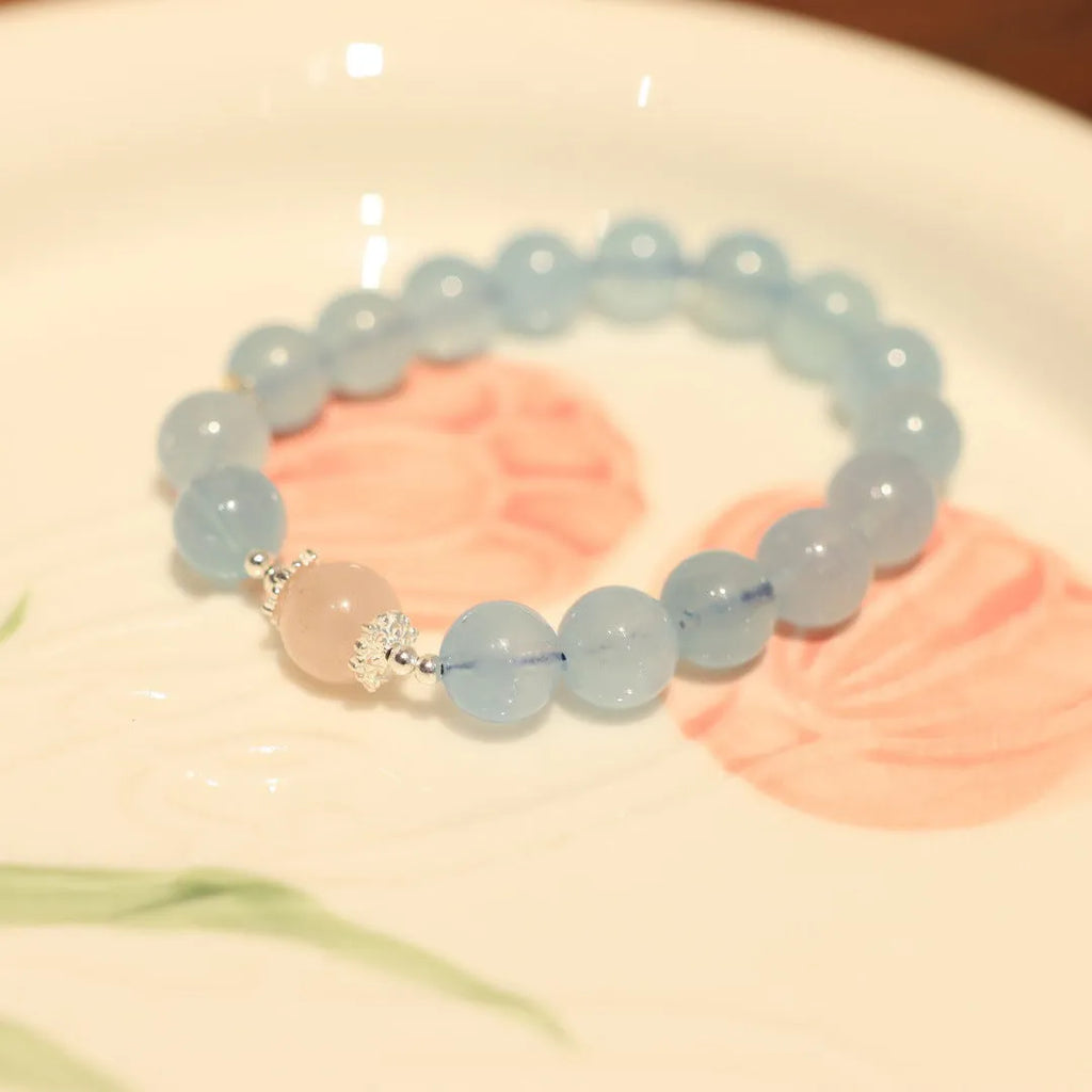 Aquamarine beaded bracelet with Chinese fengjiu fox charm in pearl or pink crystal colour variations