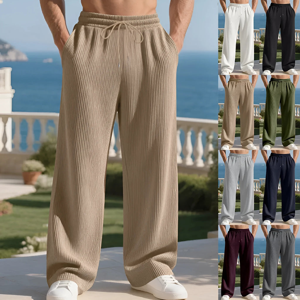 Men's casual jacquard straight simple trousers in solid colour, mid waist, polyester fibre, available in eight colours