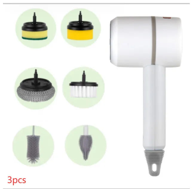 Green electric cleaning brush with three interchangeable scouring pad, brush, and sponge heads on a white background.