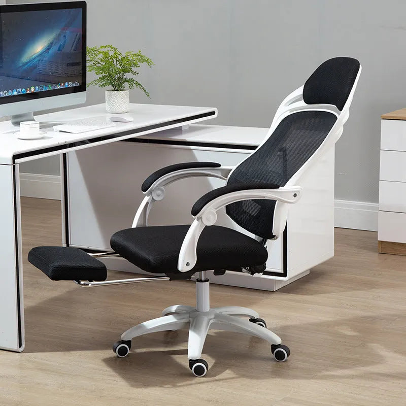 Black ergonomic computer gaming chair with linkage armrests and nylon wheels