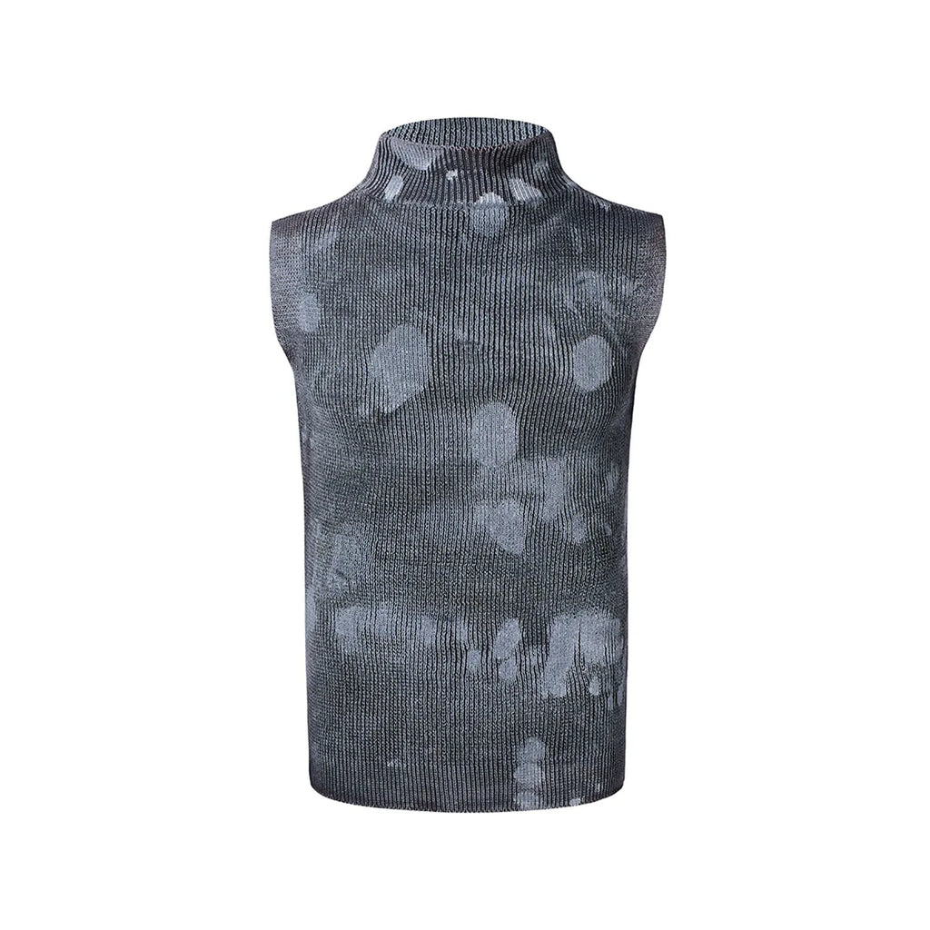 Men's black silver pastebrushing wool turtleneck vest with sleeveless design and stand collar