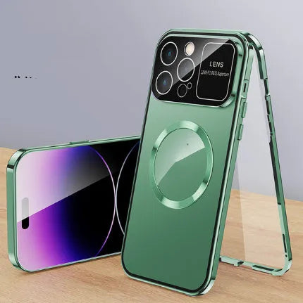 Metal all-inclusive peep-proof phone case with magnetic large window for Apple iPhone 16 series, electroplated finish in black