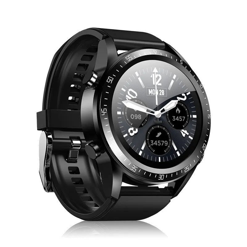 Black smart watch with blood pressure monitoring on silicone strap showing health metrics display