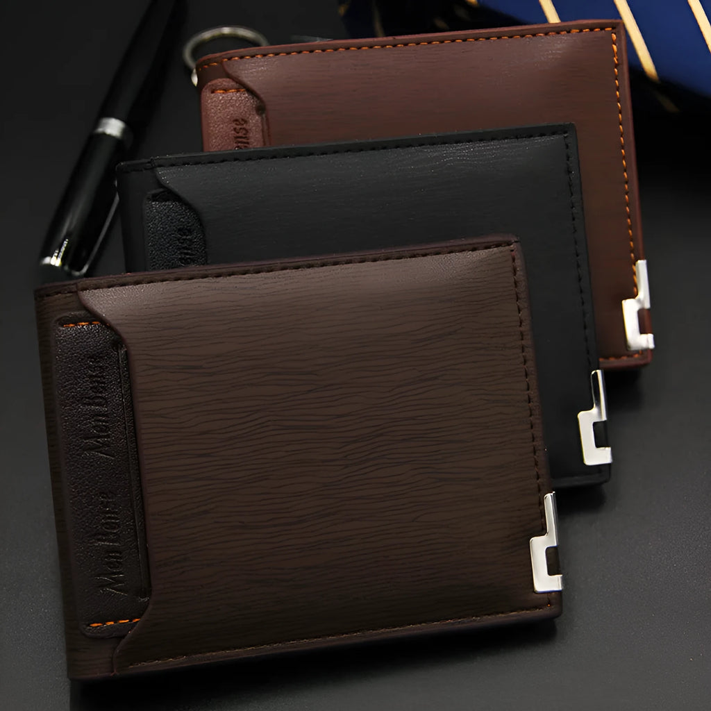 Men's black PU leather short wallet with iron-edge construction showing card slots and note compartment