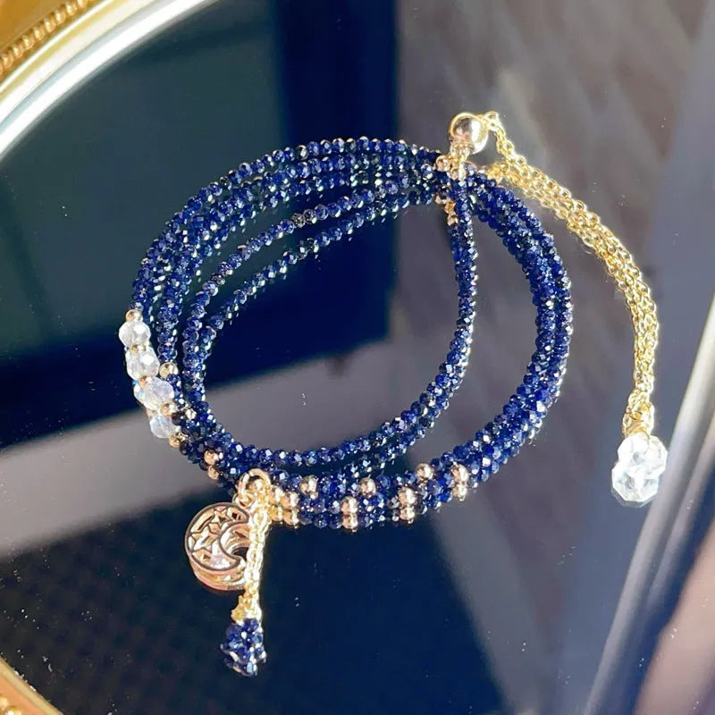 Blue gold sand stone cut three-ring women's bracelet with adjustable sliding clasp