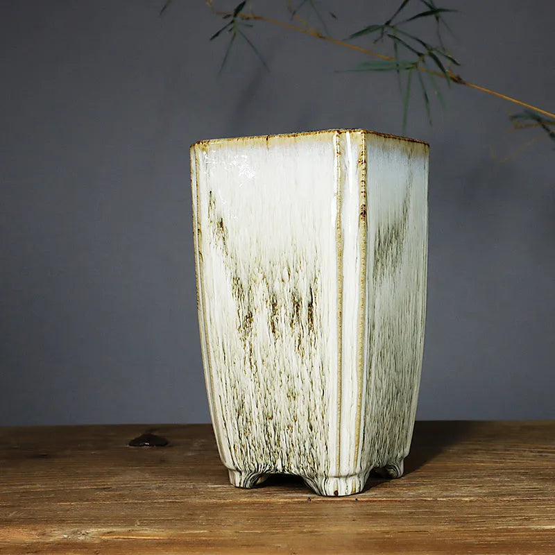Light colour glazed ceramic flowerpot square sign tube handmade fired Shiwan style indoor plant container