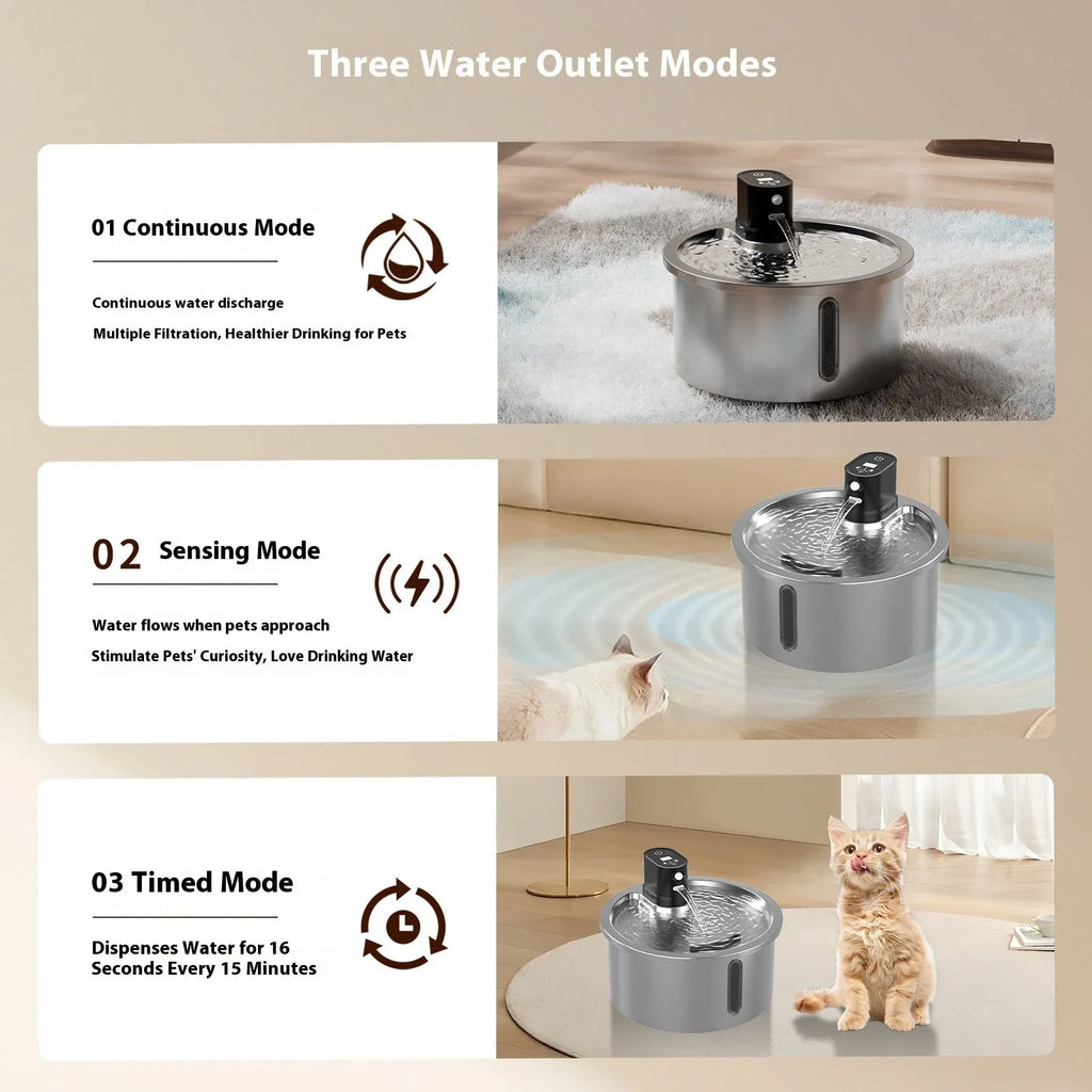 Stainless steel heated water fountain for cats and dogs on a white base.